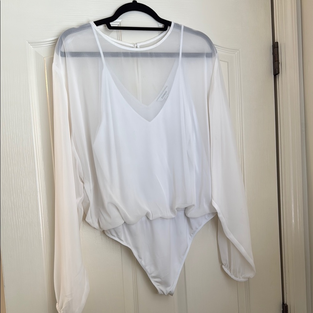 Express White Asymmetrical Long Sleeve Bodysuit